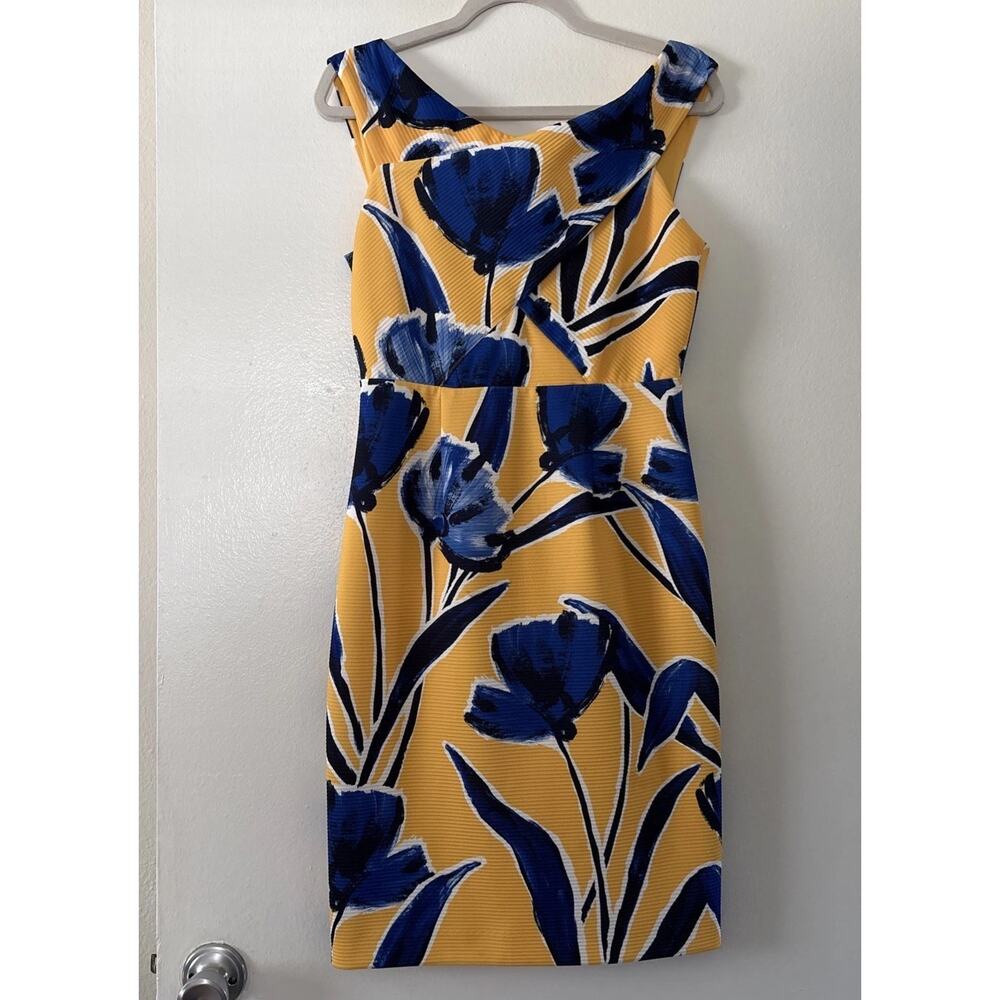 Antonio Melani Katherine Sheath Dress 6 Sleeveless Yellow Blue Off Shoulder Neck